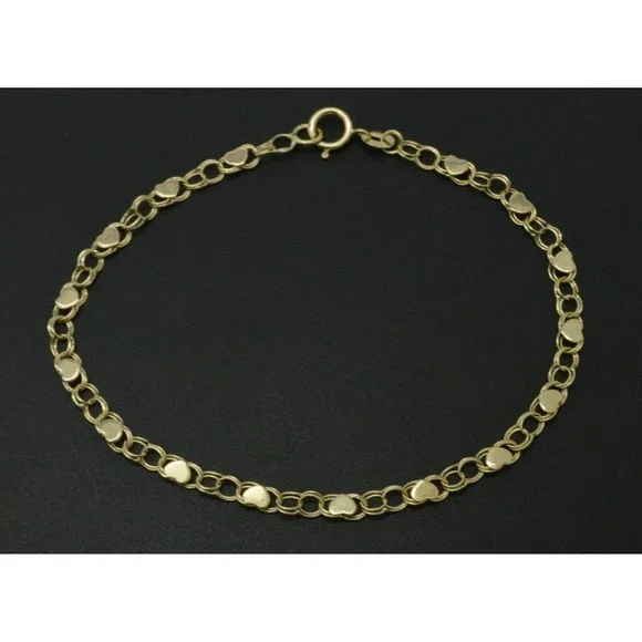 10k Yellow Solid Gold Mirrored Heart Link Chain Charm Bracelet 9
